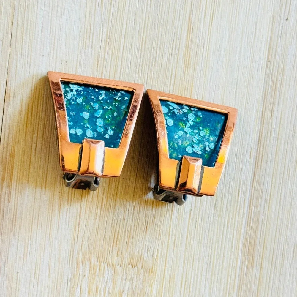 Matisse Renoir Clip Enamel MOD Earrings VTG Signed Chunky Retro Copper MCM 60s